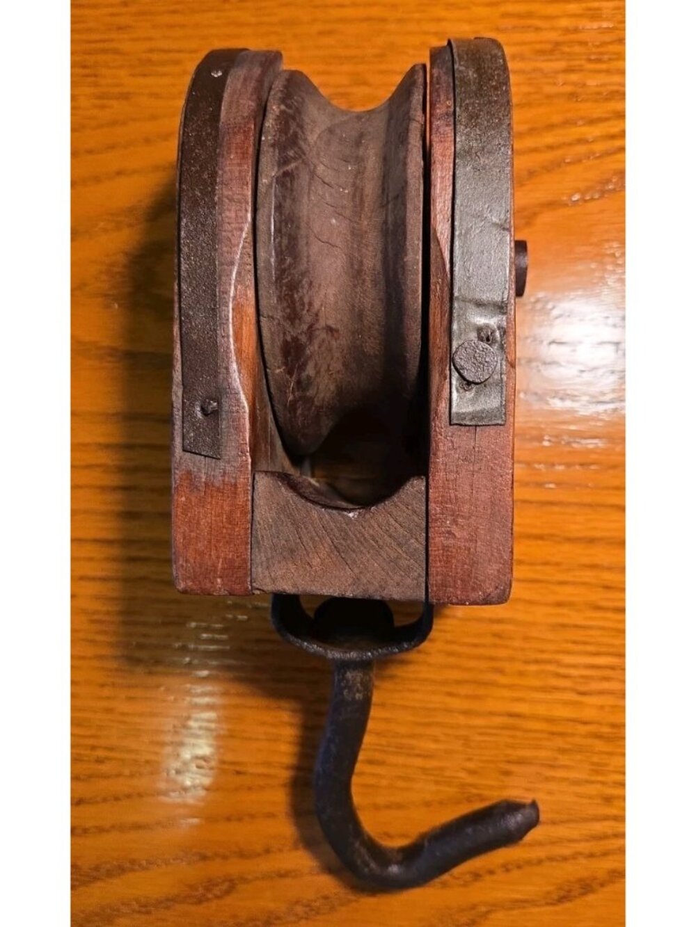 Vintage Wooden & Metal Pulley Block With Iron Hook For Maritime Or Industrial Us